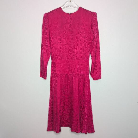 Argenti Vintage 80's Pink Silk Dress Long Sleeve Swirl Pattern Waist Detail - Picture 2 of 10